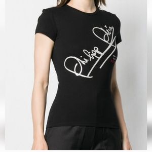 Philipp Plein Black Graphic Logo Tee with White Script